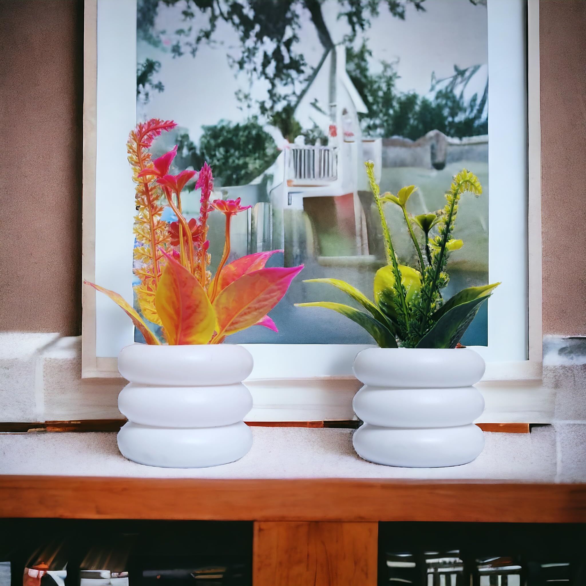 Plastic Wild Artificial Flower Plants With Cute Pot | Faux Flower Plant For Home Office Decor | Tabletop And Desk | Artificial Flower For Balcony Indoor Decor | Pack Of 2, Orange, Green