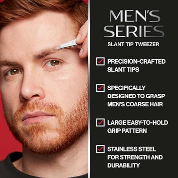 Revlon Slanted Tip Tweezers for Men, Ultra-Sharp for Precision Eyebrow Shaping and Facial Hair Removal, Larger Non-Slip Grip, Stainless Steel, 1 count