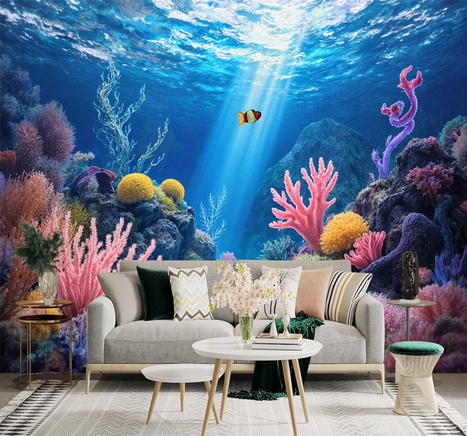 Xlming 430Cm×300Cm(B×H) Blue Underwater World Coral Reef Tropical Fish Ocean Light 3D Wallpaper Premium Textured Silk Study Dining Living Room Bedroom Sofa Tv Wall Easy Install-430Cm×300Cm
