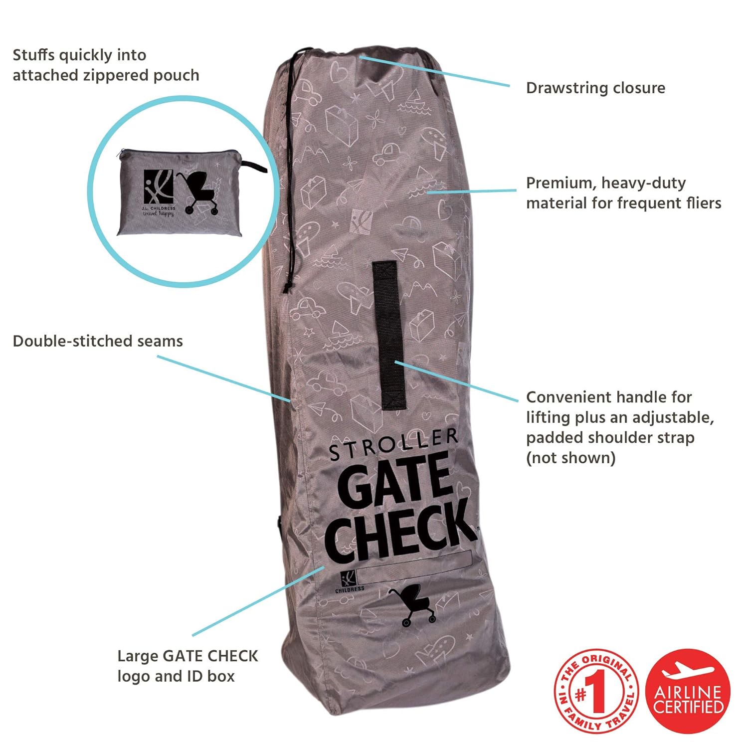 J.L. Childress DELUXE Gate Check Bag for Umbrella Strollers - Premium Heavy-Duty Durable Air Travel Bag, Adjustable Shoulder Strap - Fits Compact, Umbrella-Style Strollers, Grey : Baby