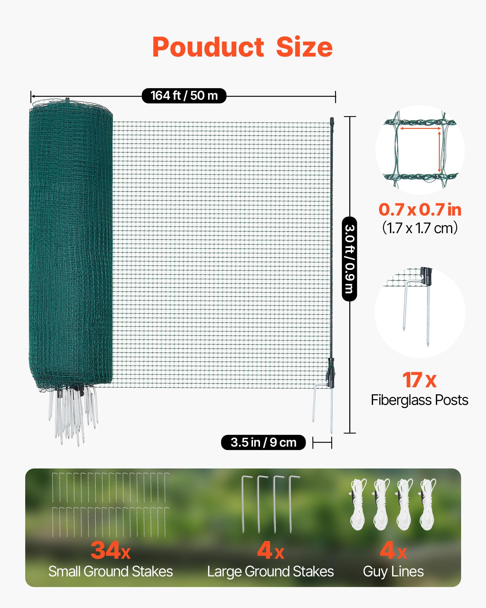 VEVOR Valla de Pollos y Perros, Red de Protección para Jardines y Huertos, con Postes y Estacas de Doble Punta, Malla Plástica de Seguridad para Aves de Corral Cría de Animales, Verde (50m×0.9m)