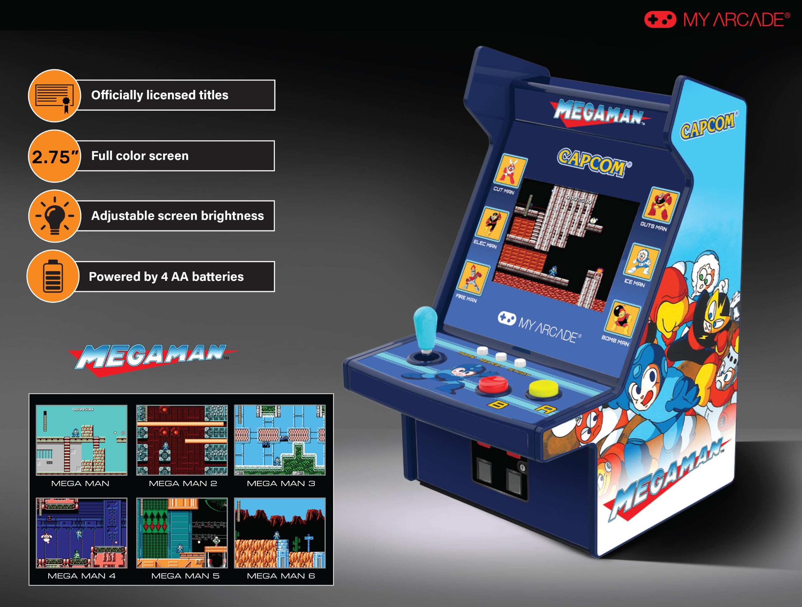 My Arcade Mega Man Mini Arcade Machine - Micro Player Pro Table Top Arcade, przenośna gra ręczna, konsola do gier retro, mini automaty do gier retro dla dzieci i dorosłych