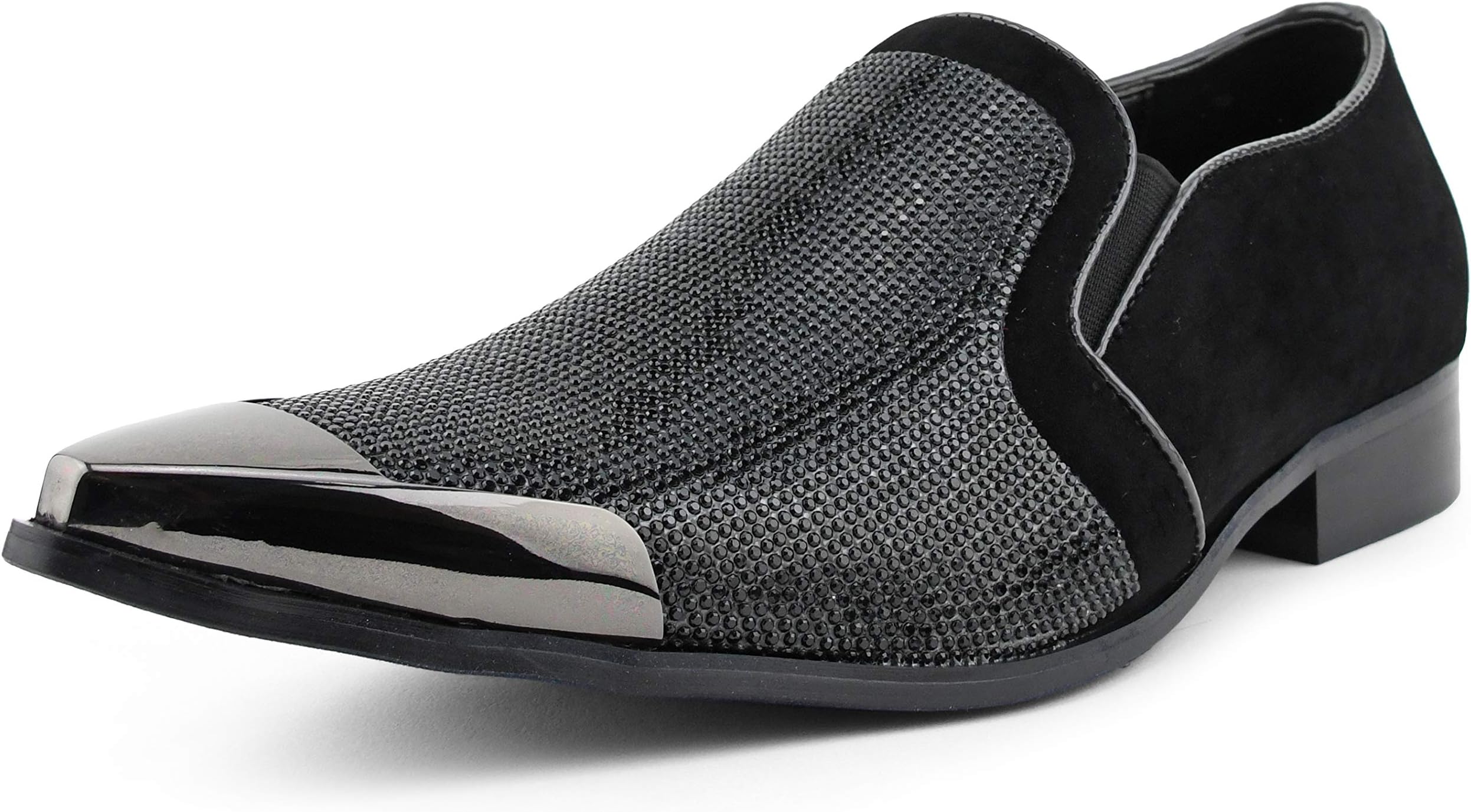 x Amali Men's Dress Loafers with Rhinestones, Slip-On, Tuxedo Loafer Shoes for Men, Pointed Toe with Metal Tip, Size Up
