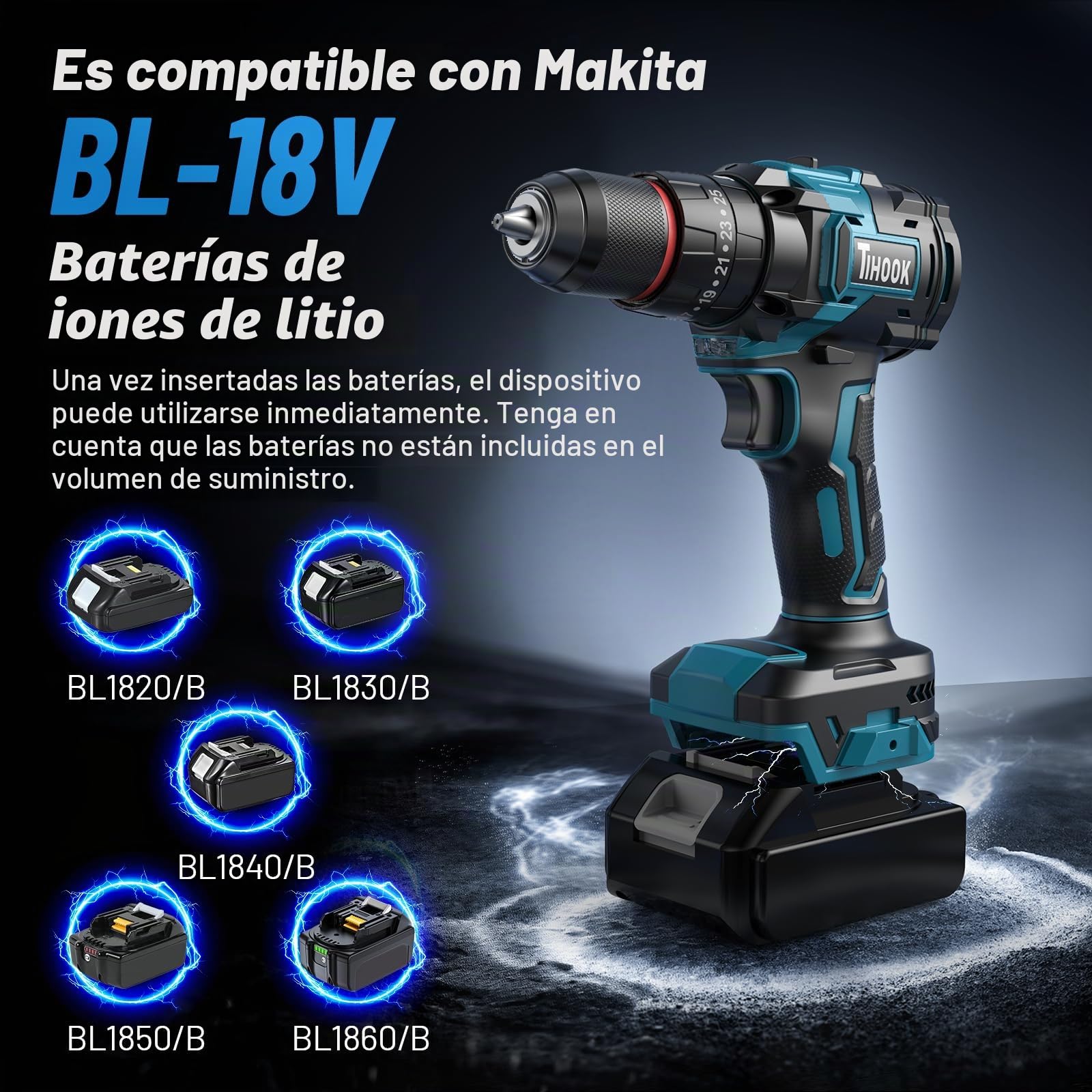 Juego de destornilladores de impacto con batería de 18 V para Ma-kita, 90 N.m, destornillador inalámbrico sin escobillas, 25 + 3 niveles, portabrocas de 10 mm, 2 marchas, luz LED, taladro