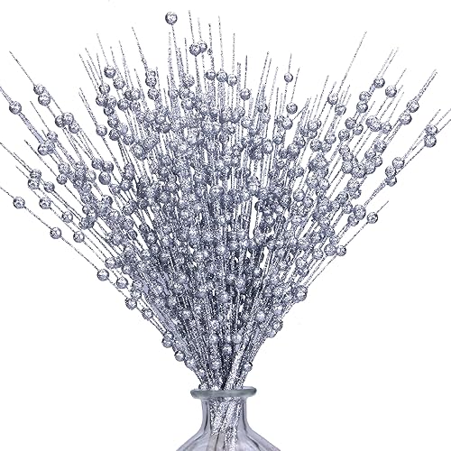 Miniatura 1 de Paquete de 10 tallos de bayas artificiales plateadas con purpurina de 15.7 pulgadas, púas de Navidad falsas, palitos decorativos con purpurina para