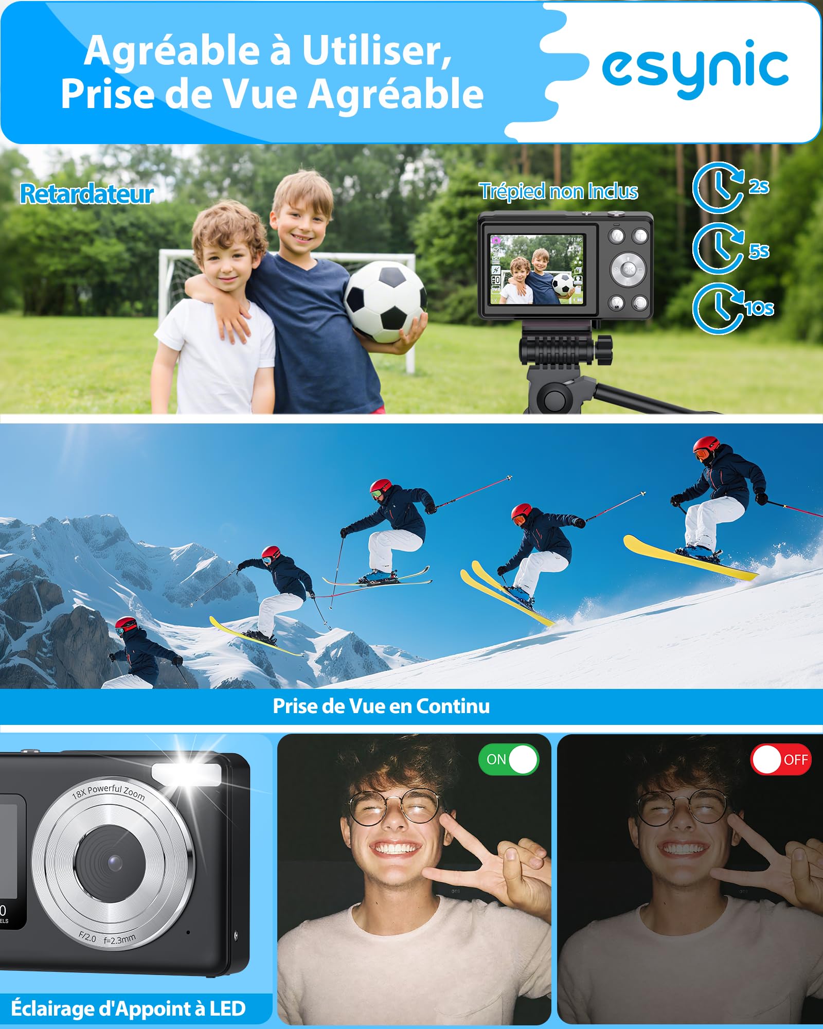eSynic Appareil Photo Numérique 4K 48MP 18X Zoom Numérique Deux Écrans LCD Carte Mémoire 32 Go Noir
