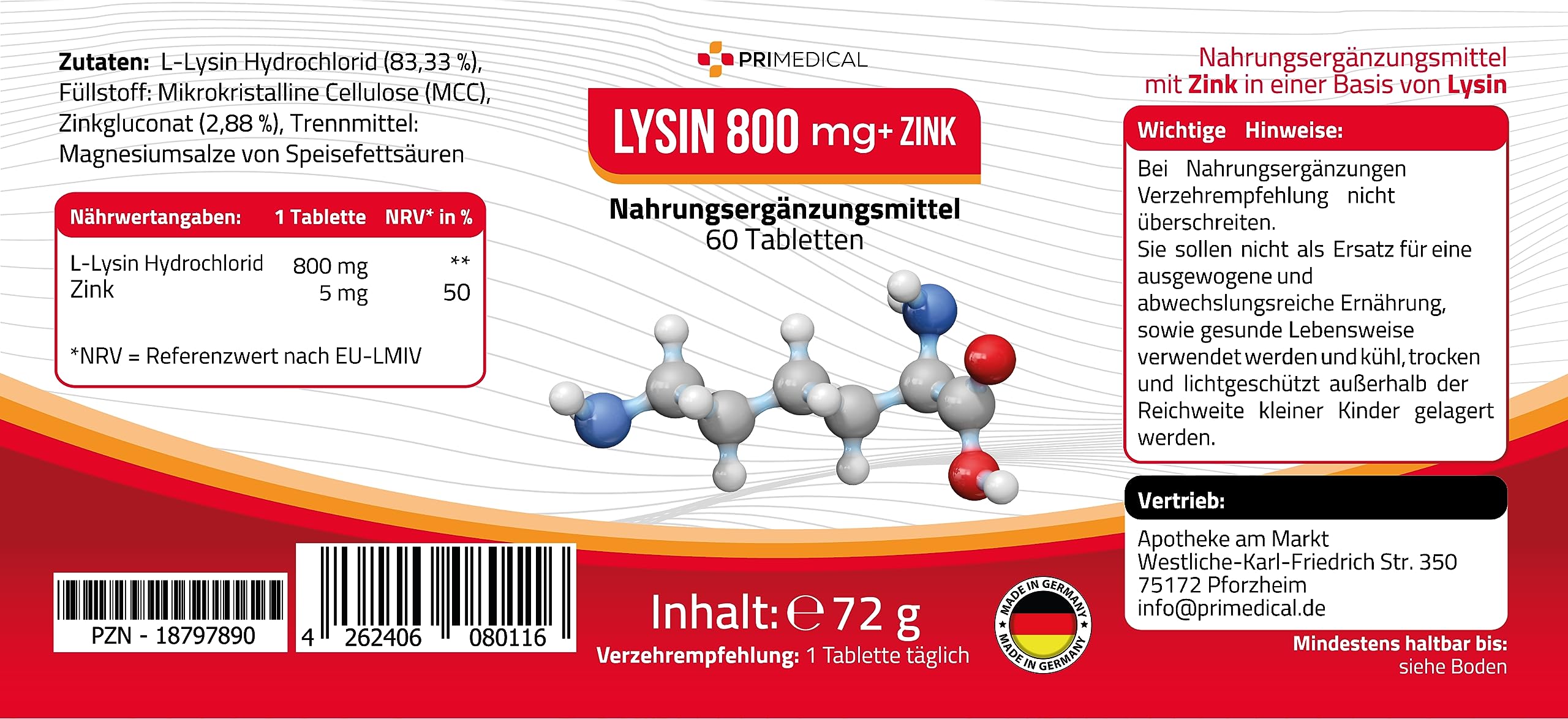 L-LYSIN 800 mg TABLETTEN ESSENZIELLE AMINOSÄUREN + ZINK 5 mg Primedical 2-Monats-Pack 1 x 60 Tabletten