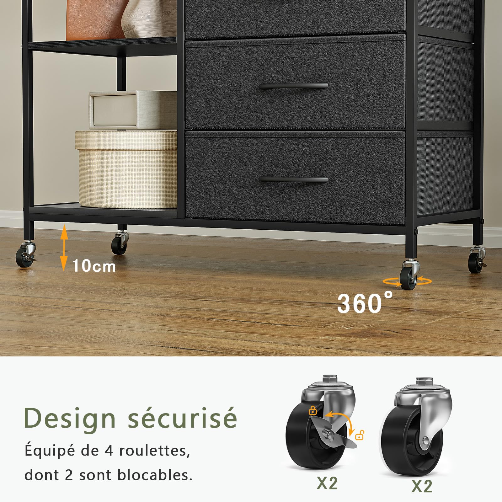 Appendiabiti con Cassetti, Stand Appendiabiti, Armadio Aperto, Guardaroba, Attaccapanni Moderno, Ripiani Regolabili, 4 Ganci, Nero