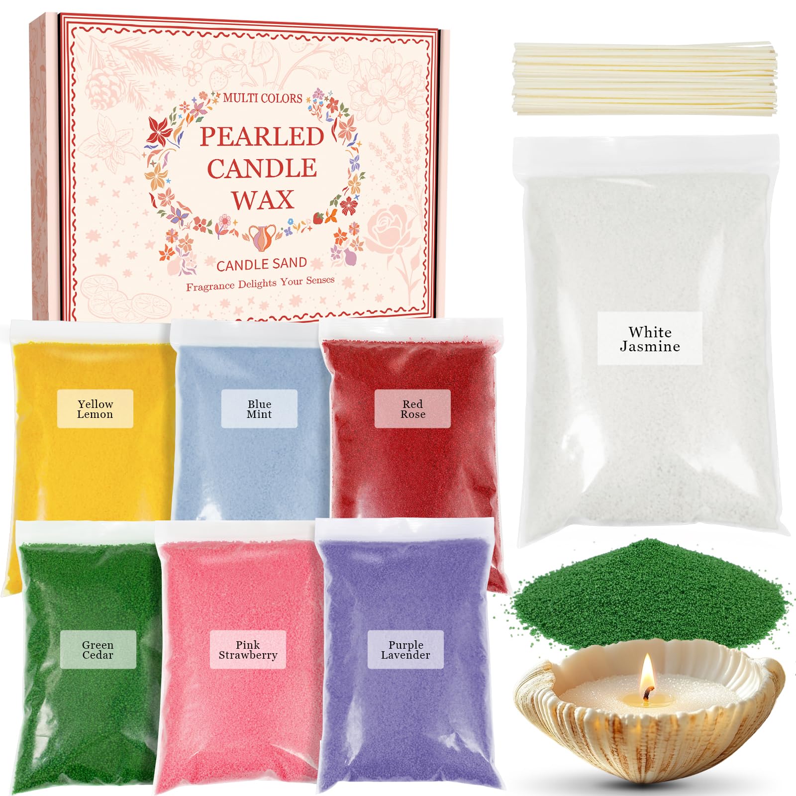 Scent-Hi Pearled Candle and Wicks, Refillable Candle Sand with 20 Candle Wicks, Sand Powder for Powder Candle, 7 Scented Candles Making Kit (1100g)