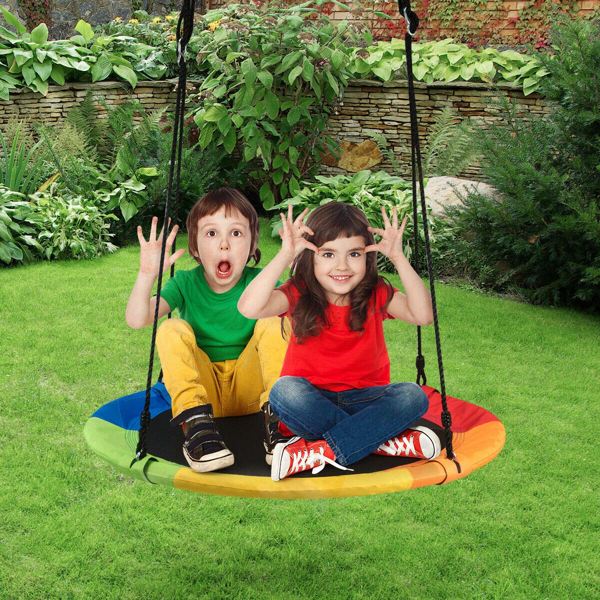 COSTWAY Altalena da Giardino a Nido per Bambini, Sedia Sospesa Giardino con Telaio in Metallo, Regolabile in Altezza 100-160 cm, per Adulti e Bambini, Portata 150 kg (Colorato)