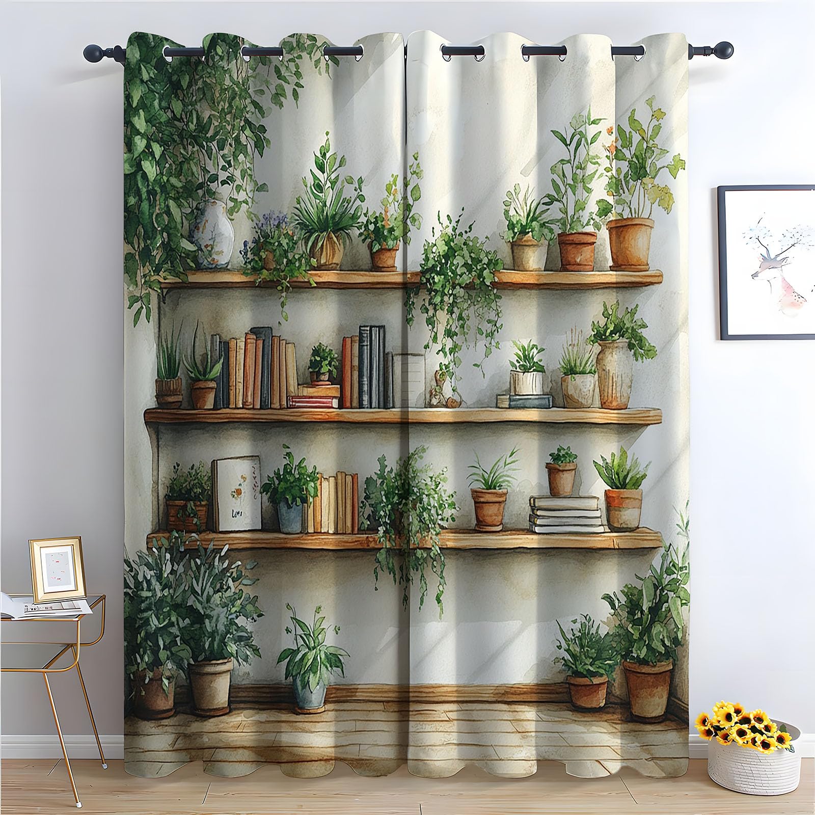 Vorhänge Blätter Blumen Muster Einfaches Pflanzenmuster Vorhänge mit Ösen für Wohnzimmer Botanisch Ösenvorhang für Bauernhaus Schlafzimmer 2er Set-H240 x B140 cm (2er Pack)