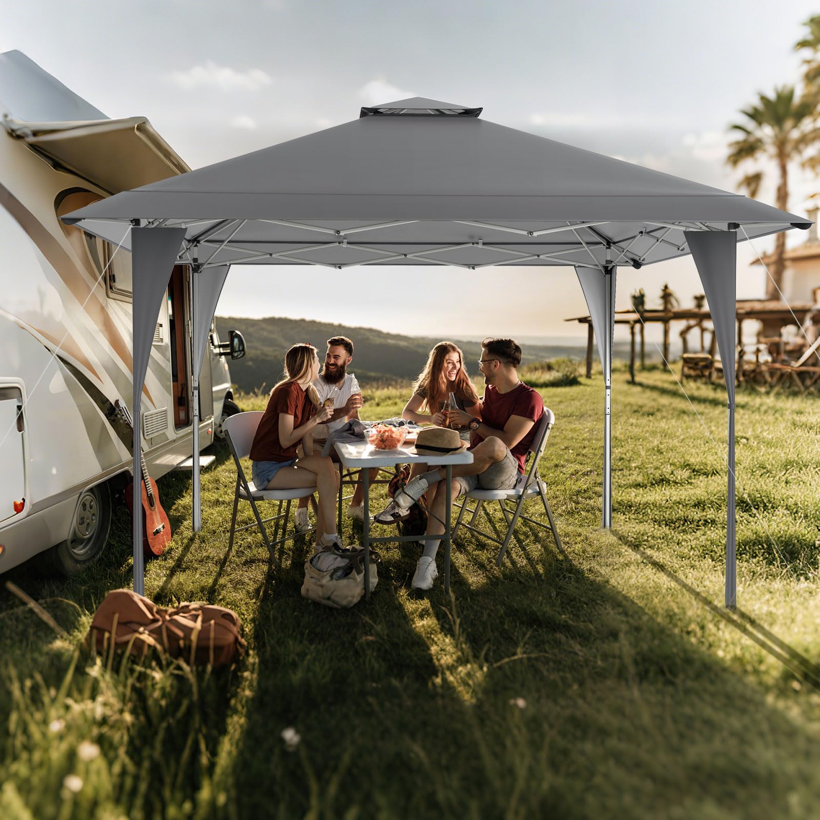 GOPLUS Cenador Plegable Jardín 394 x 394 CM, Carpa de Techo Doble para Exterior, Pabellón con Estructura Metálica Resistente,para Picnic, Camping, Barbacoa (Gris)