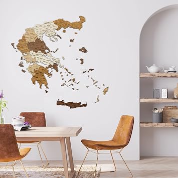 68travel Wooden Map of Greece 99x100 cm Multilayered Large Wall Art with Natural Stains - for Living Room, Study, Office