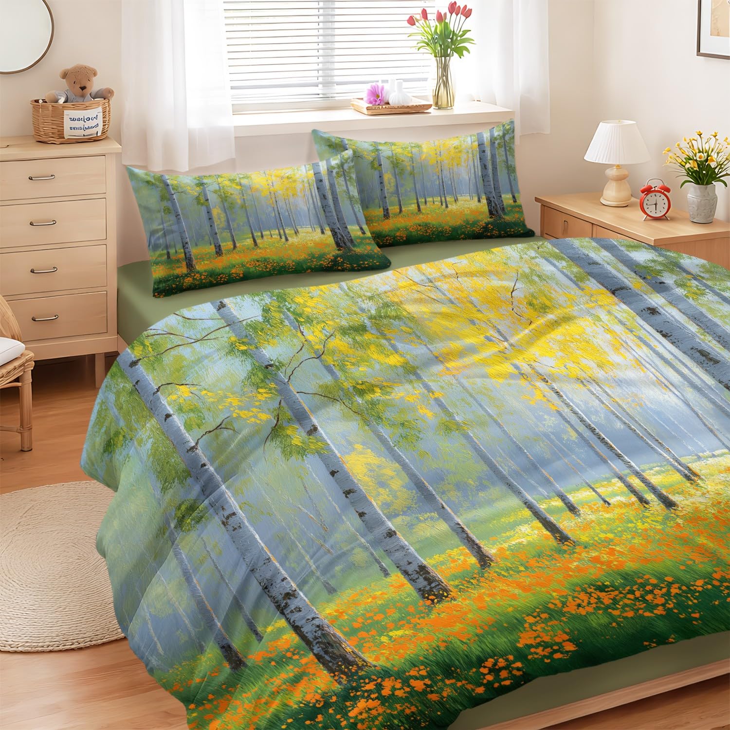 Housse de couette 140x200 cm en motif bouleau argenté pour lit enfant