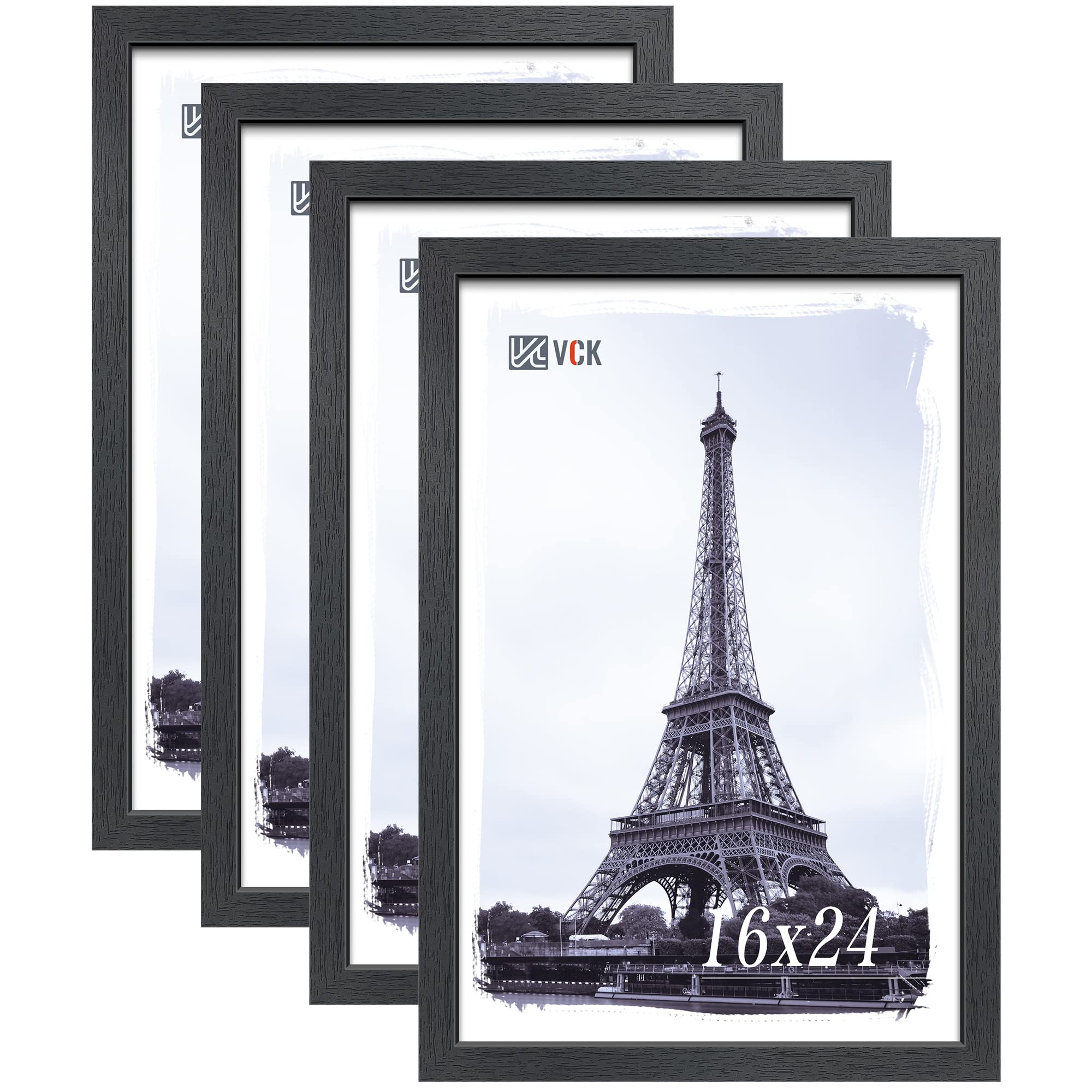 VCK 16x24 Solid Wood Poster Frames for Wall, Black Picture Frame with Exclusive Woodgrain 4 Pack