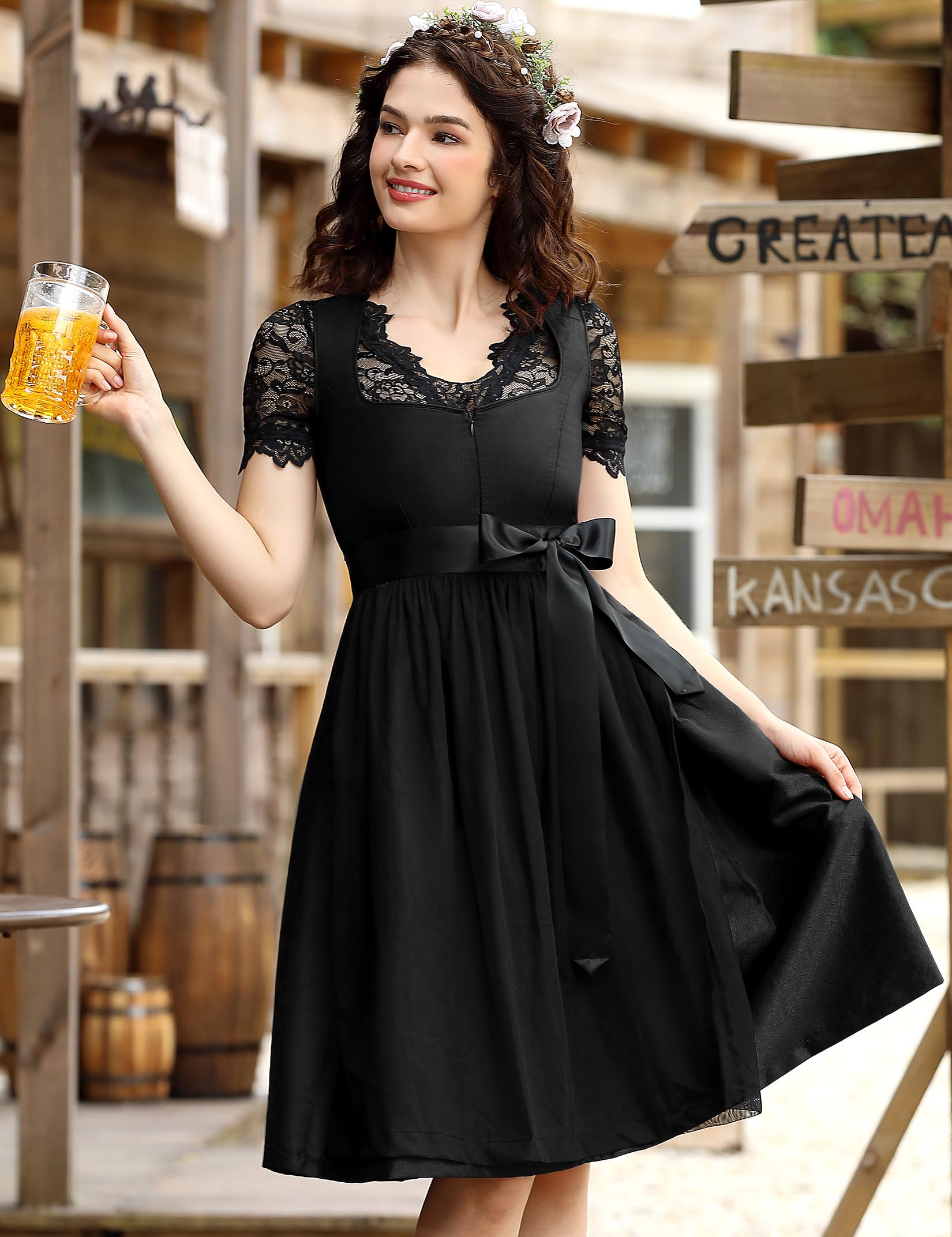 YesFashion Dirndl Damen Trachtenkleid Inkl. Dirndlbluse Und Dirndlschürze 3 Teilig für Bayerisches Oktoberfest