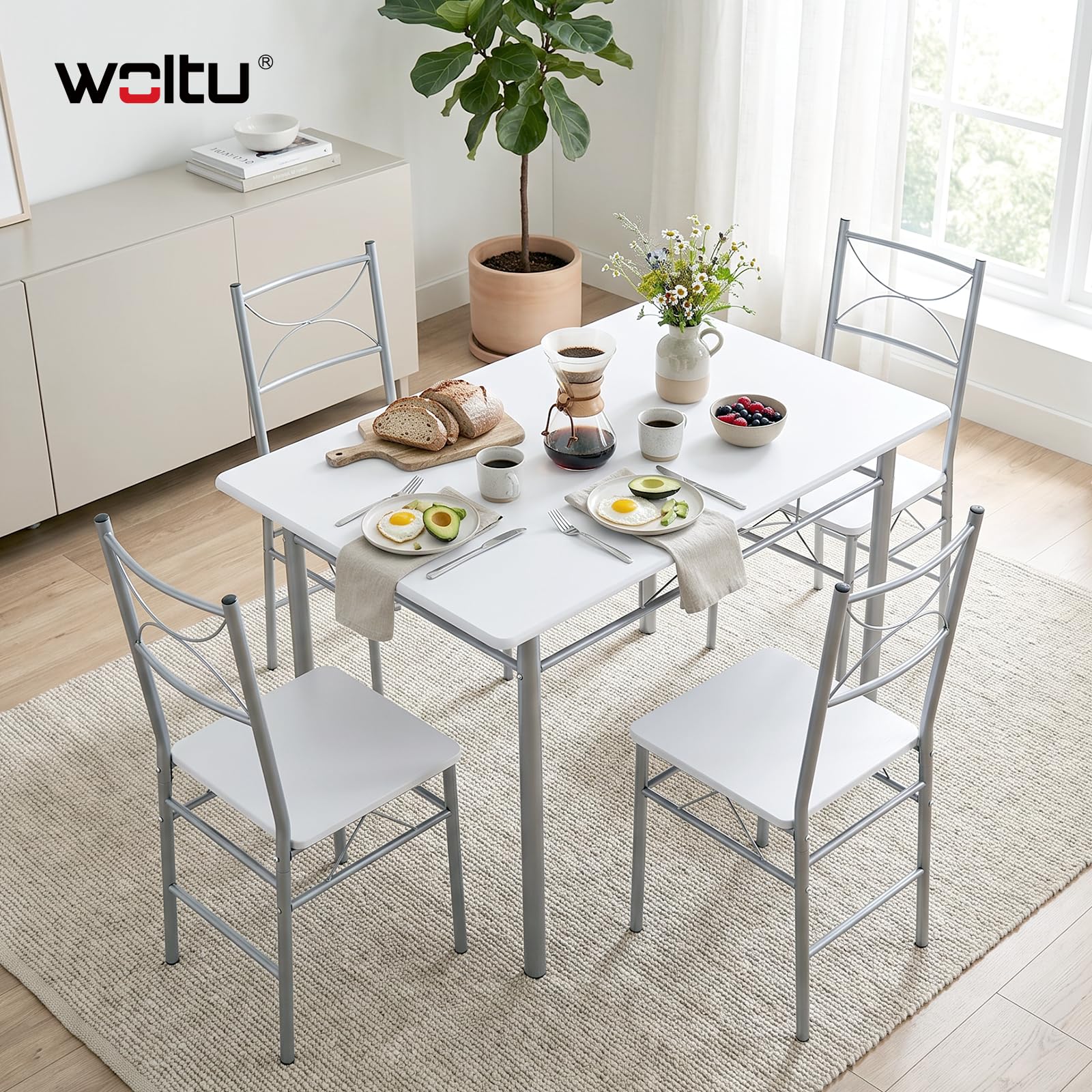 WOLTU Esstisch Set mit 4 Stühlen, 5-TLG Essgruppe, Küchentisch aus Metall & MDF, Sitzgruppe Tisch platzsparend für Küche Esszimmer (weiß silbern) Küche, Haushalt & Wohnen