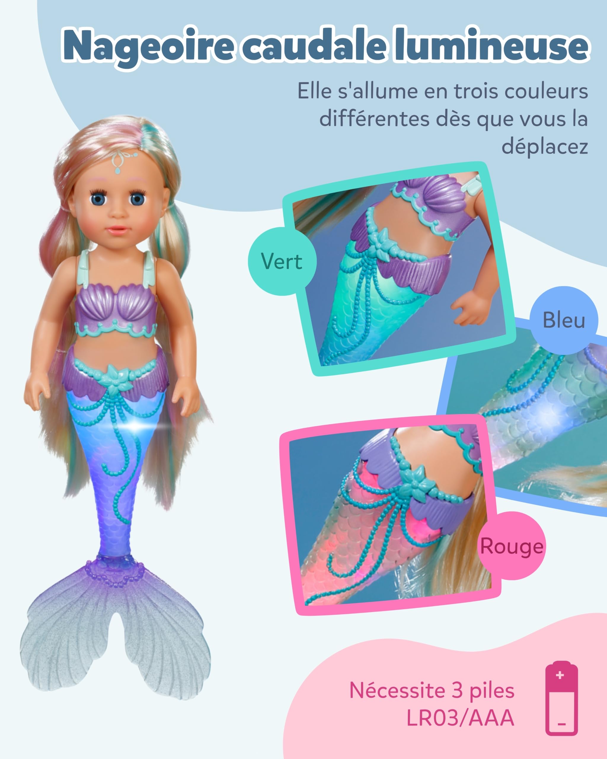 BABY born Sirène - Poupée de 43 cm - Cheveux de Haute qualité avec mèches colorées - Queue Lumineuse - Fonctionne avec des Piles - Convient aux Enfants à partir de 3 Ans