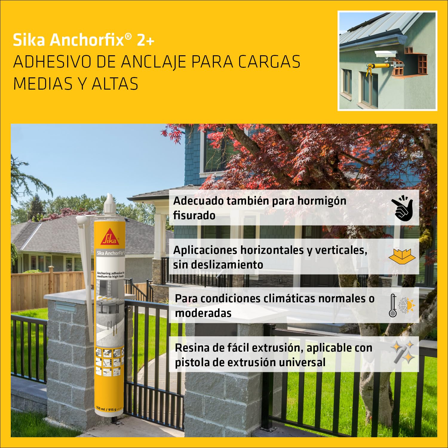 SIKA - Adhesivo de anclaje -Sika Anchorfix 2+ gris claro - Para cargas medias y altas - Acero corrugado, hormigón y pernos - Fraguado rápido - 550 ml