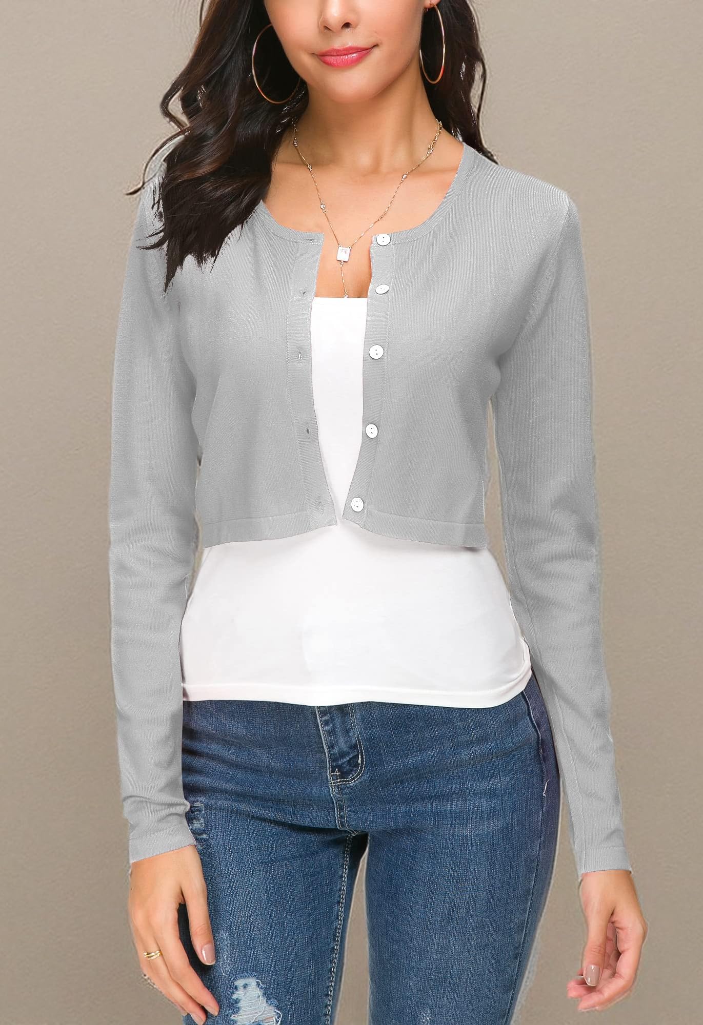 Mujeres Casual Manga Larga Bolero Cuello Redondo Corta Cárdigan Elástico Suéter de Punto Shrug con Botones