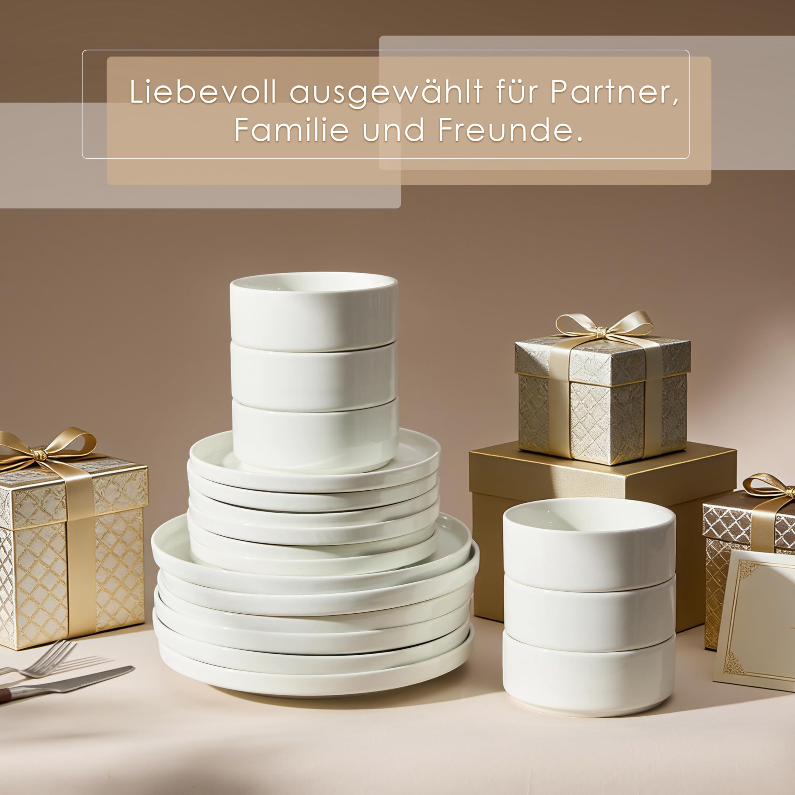 Jiwoo Geschirr Set & Tafelservice 18 TLG für 6 Personen, Modern Bone China | Mit Speise-, Desserttellern & Müslischalen – platzsparend stapelbar, mikrowellen- & spülmaschinengeeignet