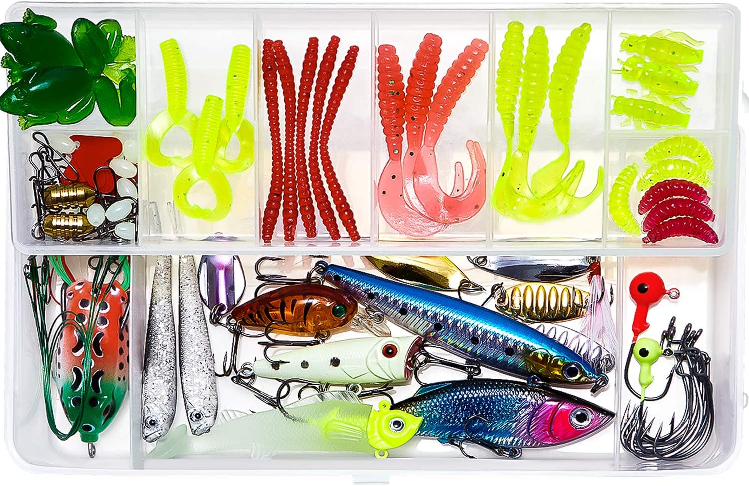 Fishing Lures, 92pcs Freshwater and Saltwater Fishing Lure Kits with Frog, Plastic Worms, Spinner Baits, Jigs and Fishing Accessories for Bass Trout Salmon with Tackle Box, Fishing Gifts for Men
