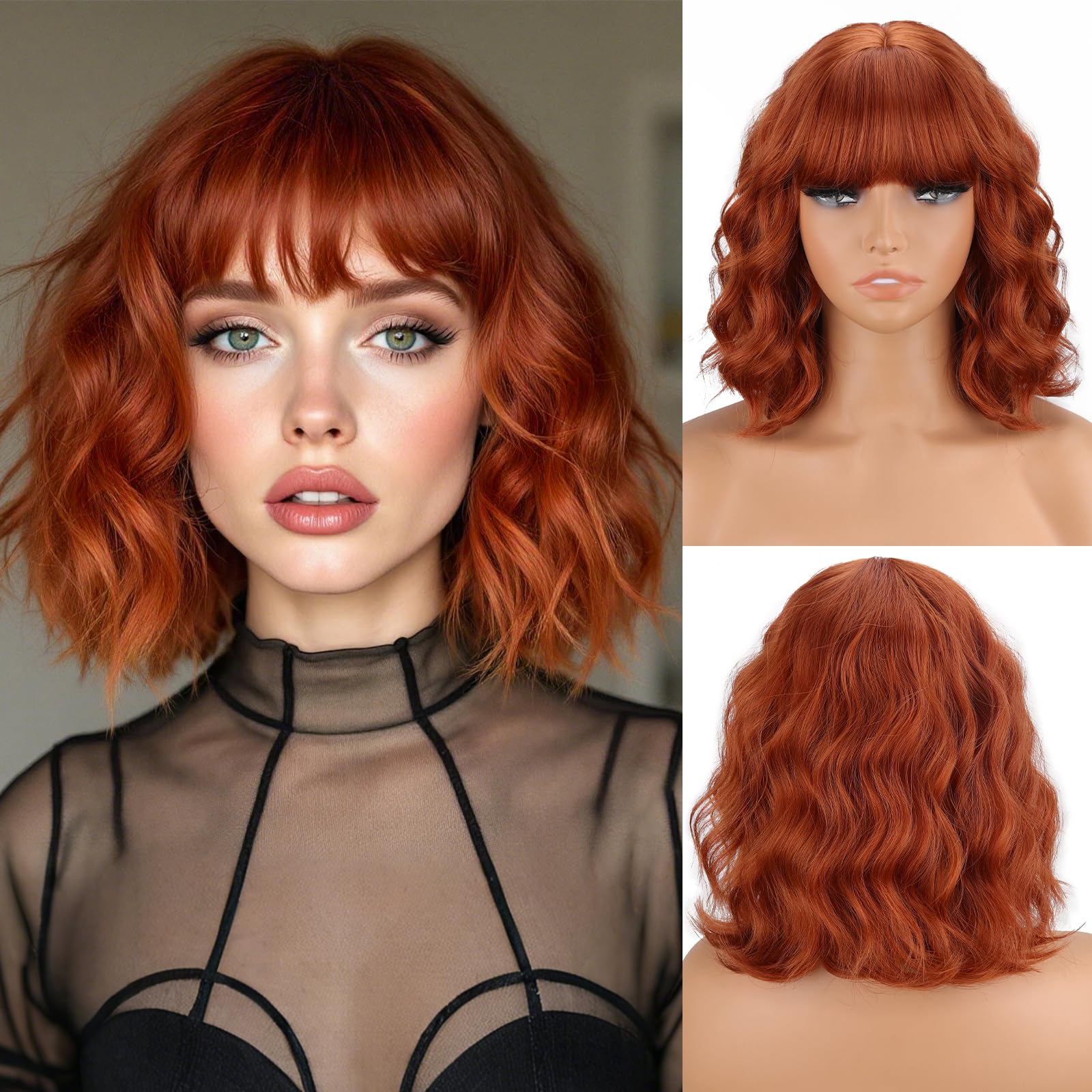 Photo 1 of *Used* MISSQUEEN Orange Wavy Wigs With Bangs Curly Short Ginger Bob Wigs for Women for Heat Resistant Fiber Synthetic Colorful Wig for Daily Party Cosplay Chrismas Halloween Used