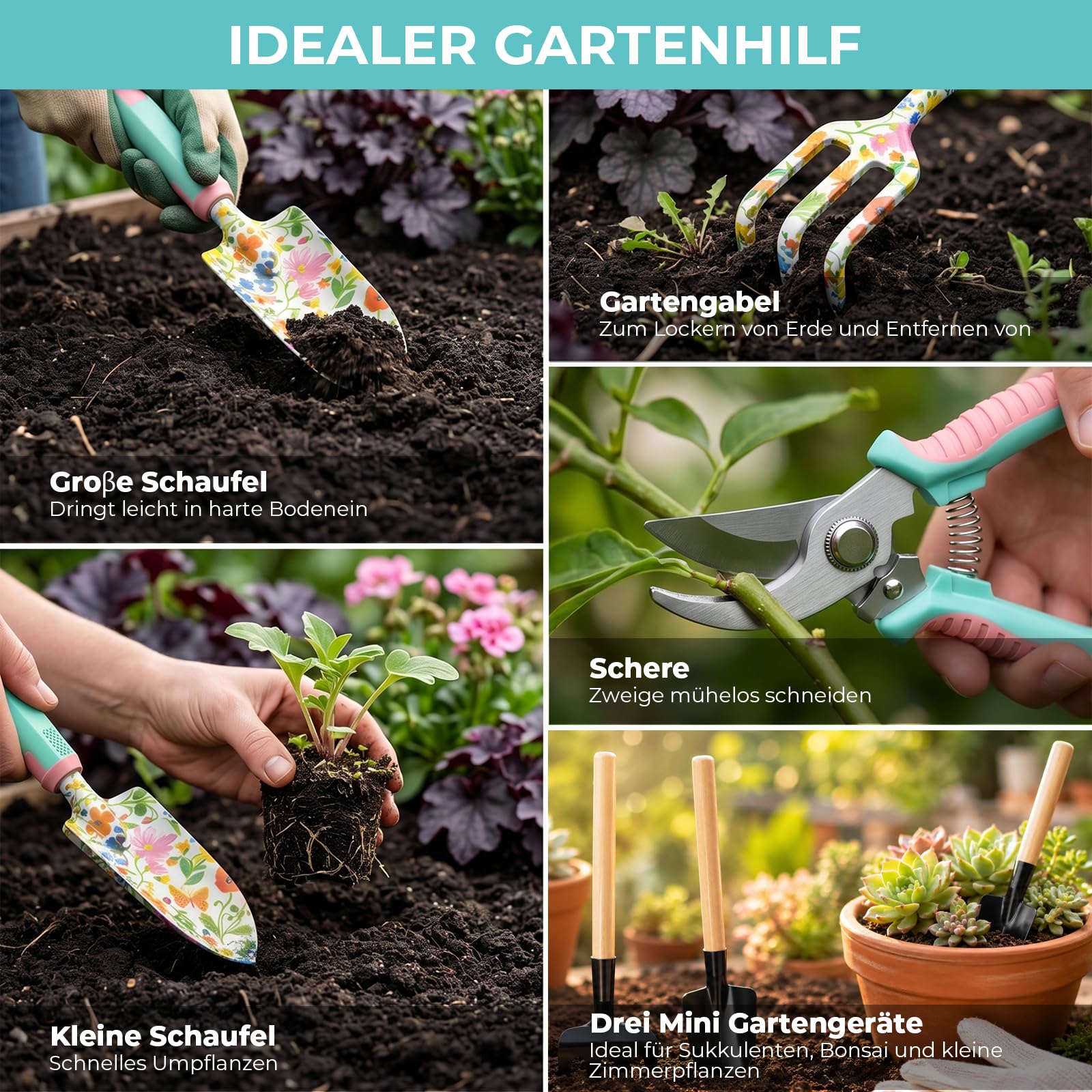 9-teiliges Gartengeräte-Set, Garten-Handwerkzeuge aus Aluminiumlegierung Starter-Kit mit Gartentasche, Robustes Outdoor-Werkzeug-Set mit ergonomischem Griff, Garten-Geschenke (Blumenmuster)