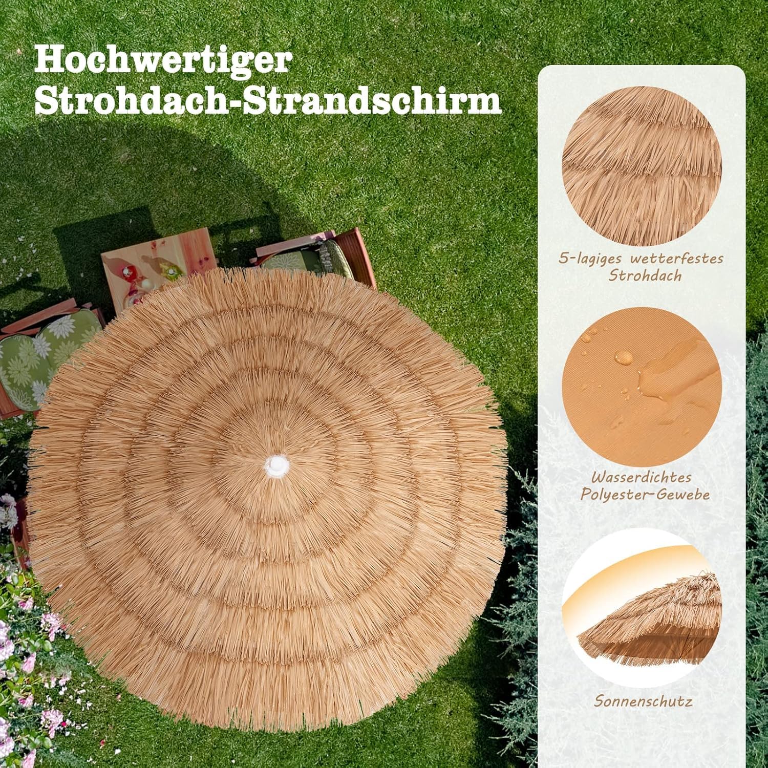 FANTASK Sonnenschirm Hawaii, Gartenschirm höhenverstellbar,Strandschirm Stroh neigbar, UV-Schutz, Strohschirm, Marktschirm, Terrassenschirm mit Tragetasche für Garten, Strand