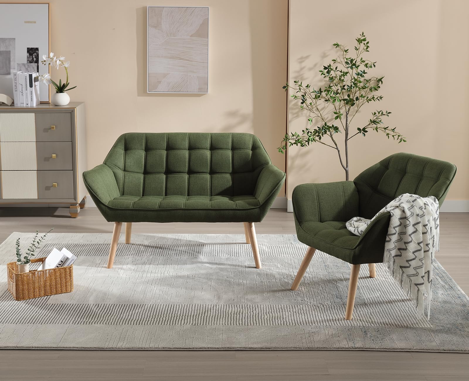 Ya-Home Fauteuil de Salon avec Pieds en Bois Chaise de Salon en Lin Moderne Fauteuil Rembourré pour Chambre, Vert