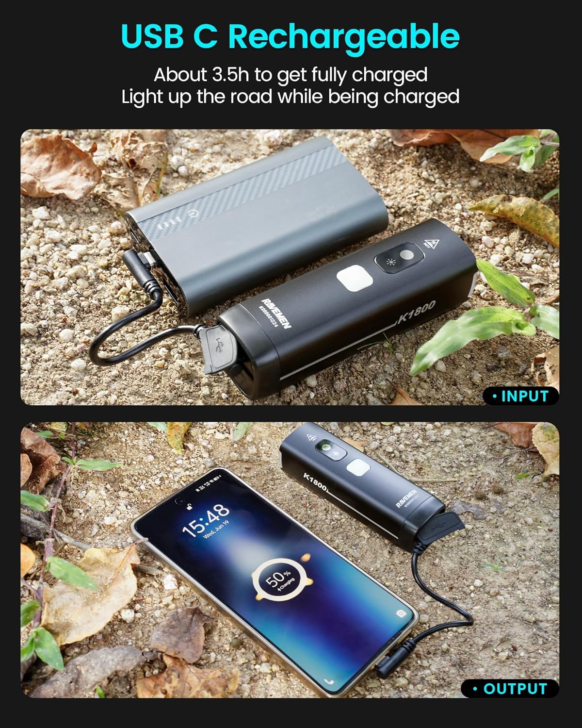 RAVEMEN K1800 Headlight USB-C charging