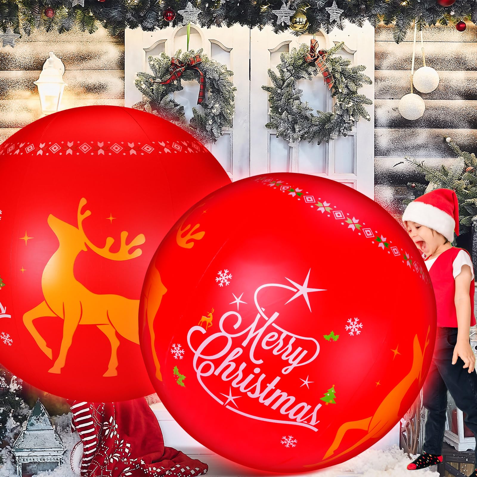 Shappy 2 Pcs 40 Inch Christmas Light up Inflatable Ball Giant Christmas Ball with Rechargeable LED Light Remote for Xmas Ornaments Holiday Yard Outdoor Pool Decoration(Merry Christmas)