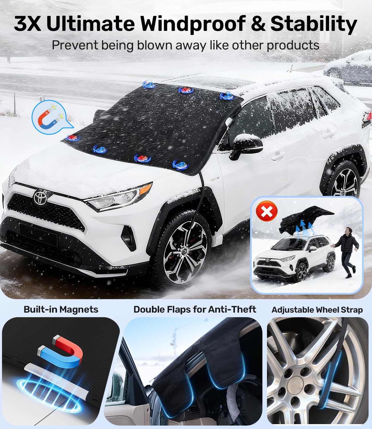 Zanch Upgrade Windshield Cover for Ice Snow Fast Install Removal 600D Oxford Fabric Against Magnetic Fit Snow Ice — view 3