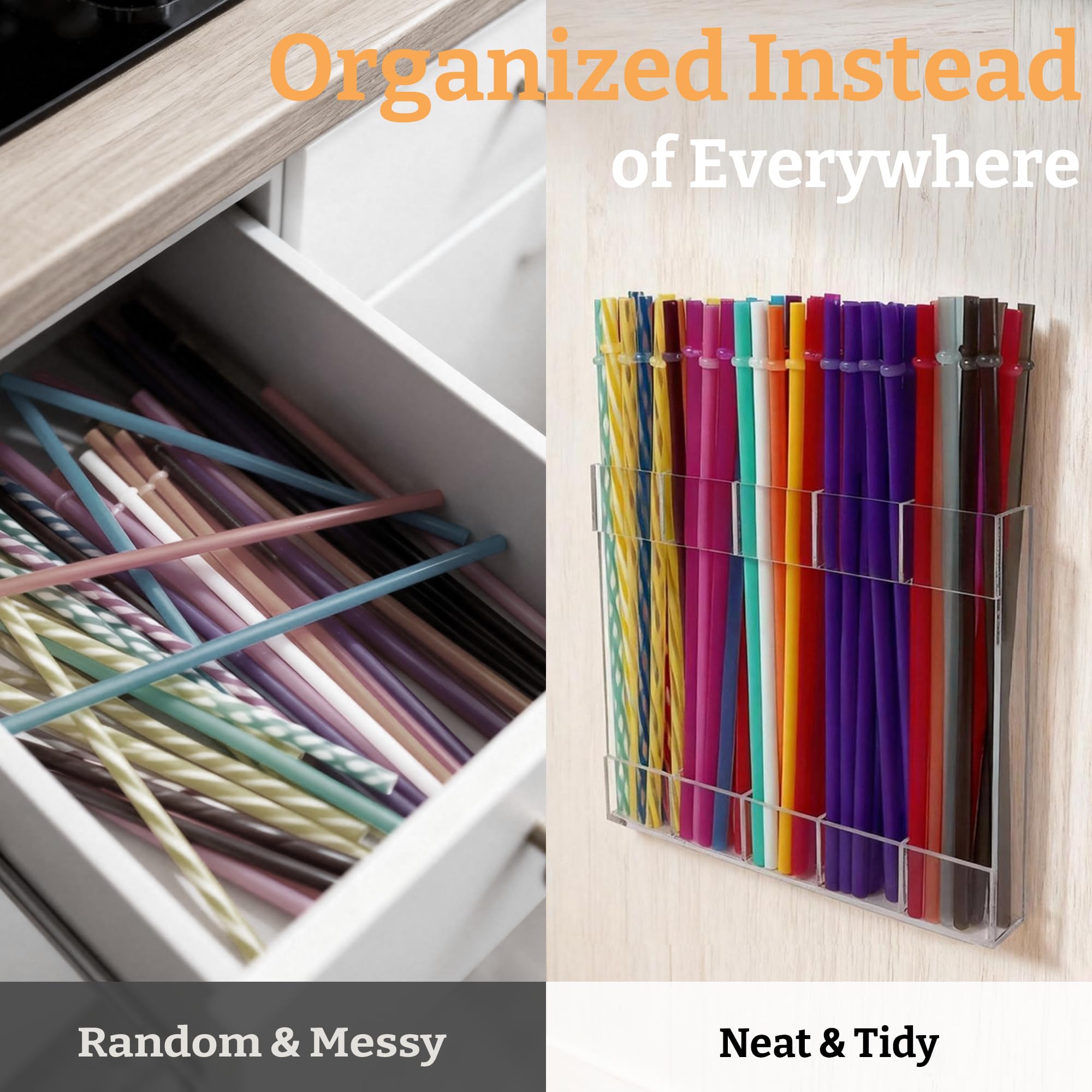 9.5â Large Acrylic Straw Holder for Cabinet Door with Detachable Ultra Sticky Adhesive Squares and Stickers, 2026 Reusable Straws Organizer Storage Dispenser for Kitchen Counter Cupboard: Transparent 1