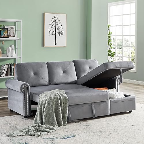 RUNWON Sofá cama convertible seccional de 83 pulgadas sofá esquinero en forma de L de 3 plazas con diván de almacenamiento para sala de estar