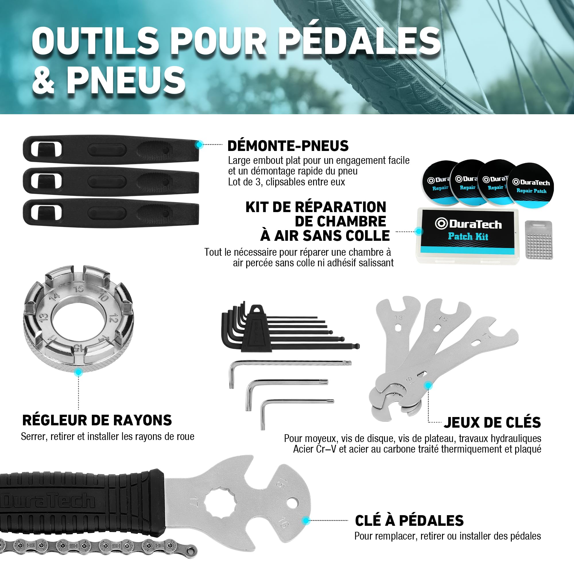 DURATECH Kit d'Outils de Réparation pour Vélo 41 pièces avec Mallette