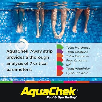 AquaChek 7-Way Pool and Spa Test Strips - Silver Pool Test Strips For pH, Total Chlorine, Free Chlorine, Bromine, Alkalinity, Total Hardness, and Cyanuric Acid - Water Quality Testing Kit (100 Strips)