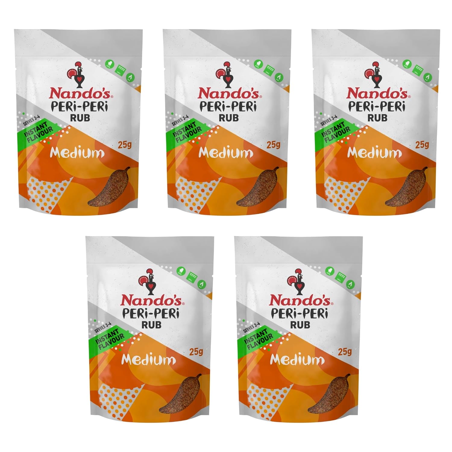 Nando's PERi-PERi Medium Dry Rub - BBQ Seasoning Instant Flavor with a Blend of Garlic, Herbs and Spices with PERi-Peri 25g Bags (12PK)