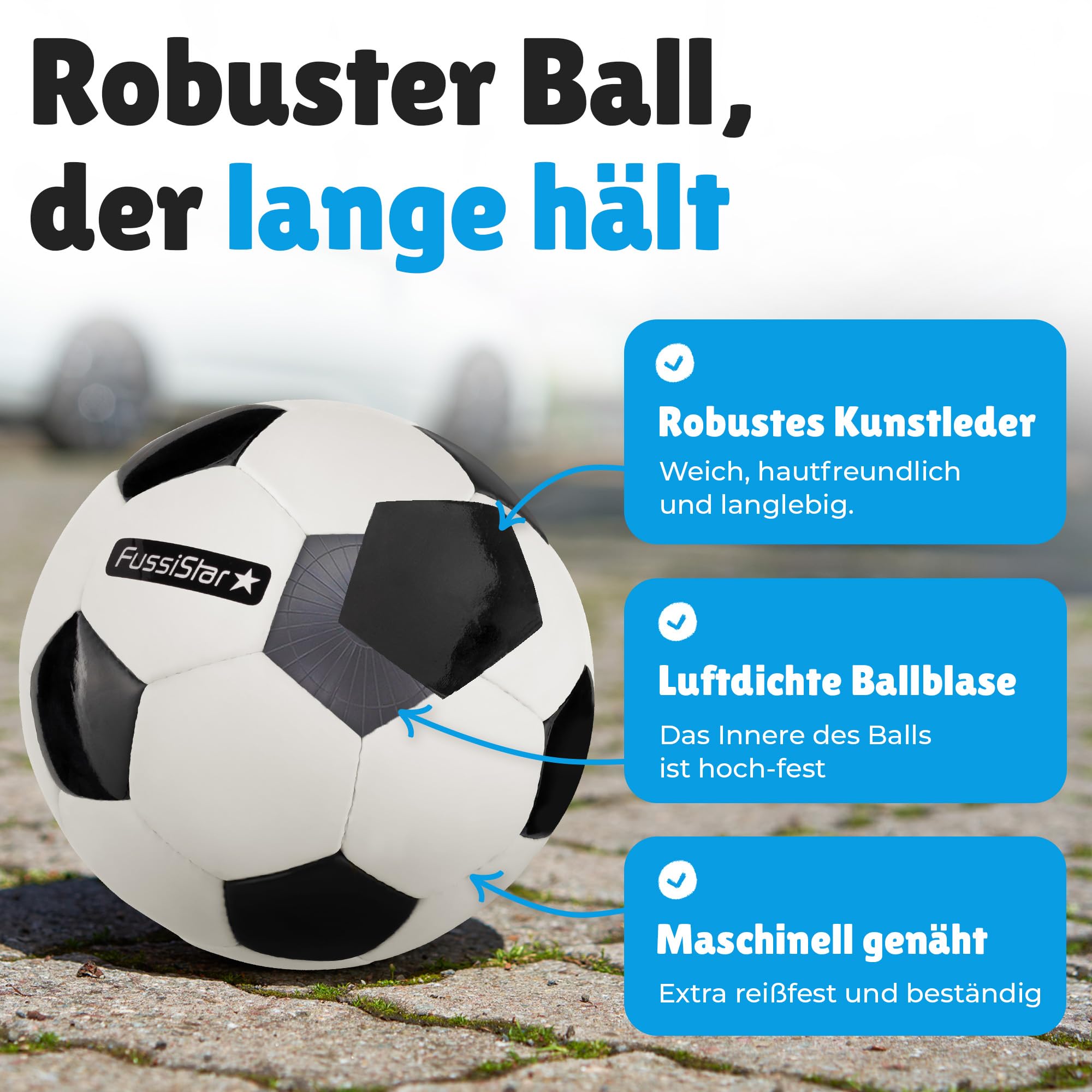 Fußball Größe 3, klassisch schwarz-weiß, für Kinder ab 3 - 7 Jahre. Robust & hochwertig, 290g leicht, klein und weich, als Bambini-Fussball, Spielball für Kinder oder als Geschenk - Set mit Ballnadel