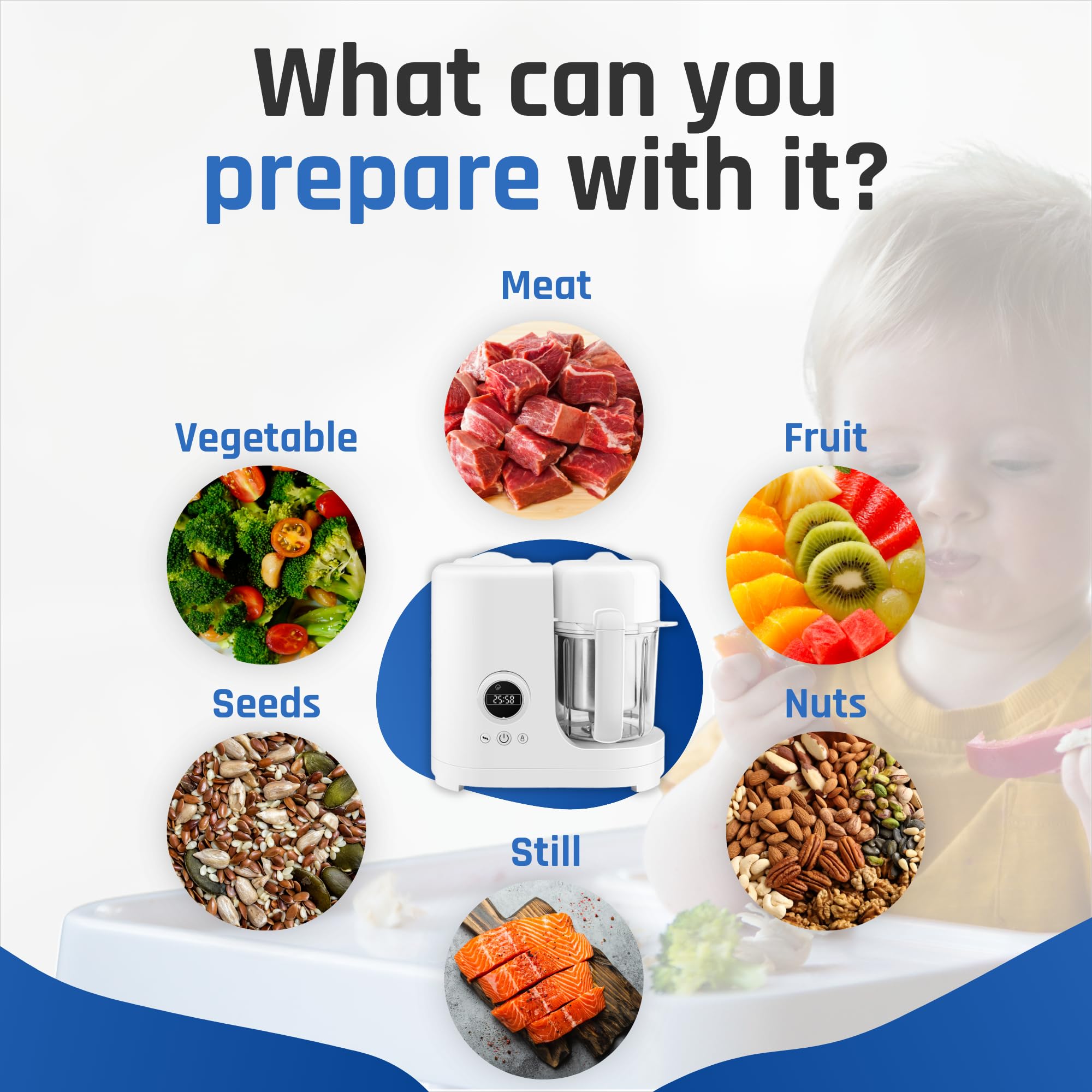 Robot culinaire pour bébé 6-en-1, Cuiseur vapeur & mixeur pour purée, mélange, cuisson, réchauffage, décongélation & stérilisation, Bol inox 300 ml, 2 gobelets de conservation inclus, Sans BPA