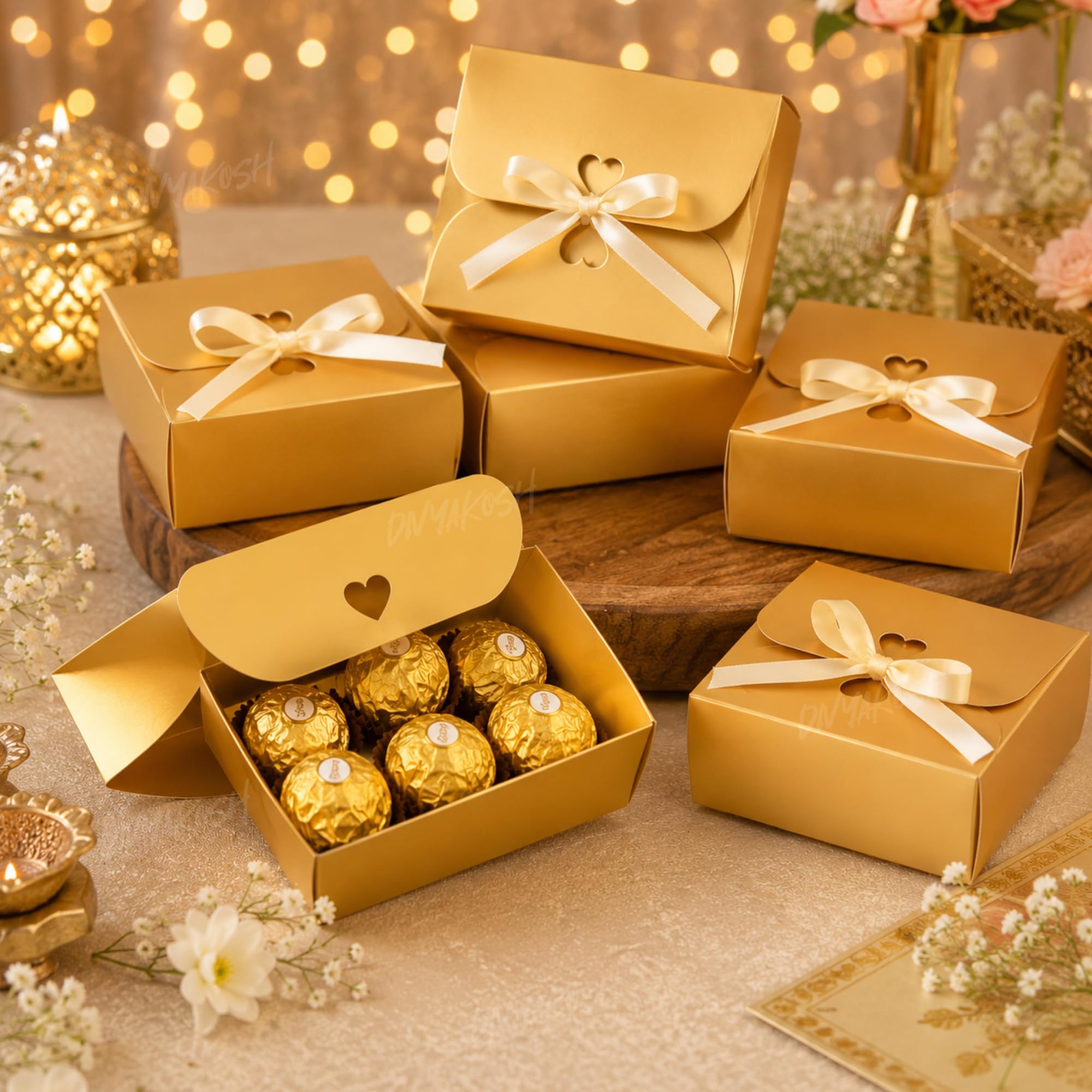 Divyakosh 12 Pcs Multipurpose Golden Folding Gift Boxes with Ribbon|Decorative Empty Boxes for Wedding, Diwali, Birthday & Party Return Gifts|Paper Boxes for Sweets, Chocolates-image-9
