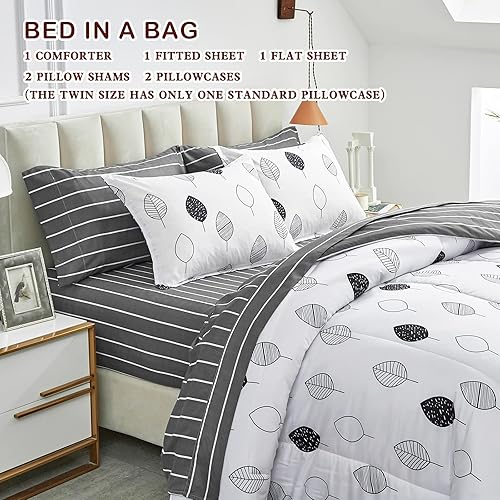 Miniatura 3 de Joyreap Juego de ropa de cama de 6 piezas en una bolsa, color gris, juego de edredón floral tamaño individual para todas las estaciones, estampado