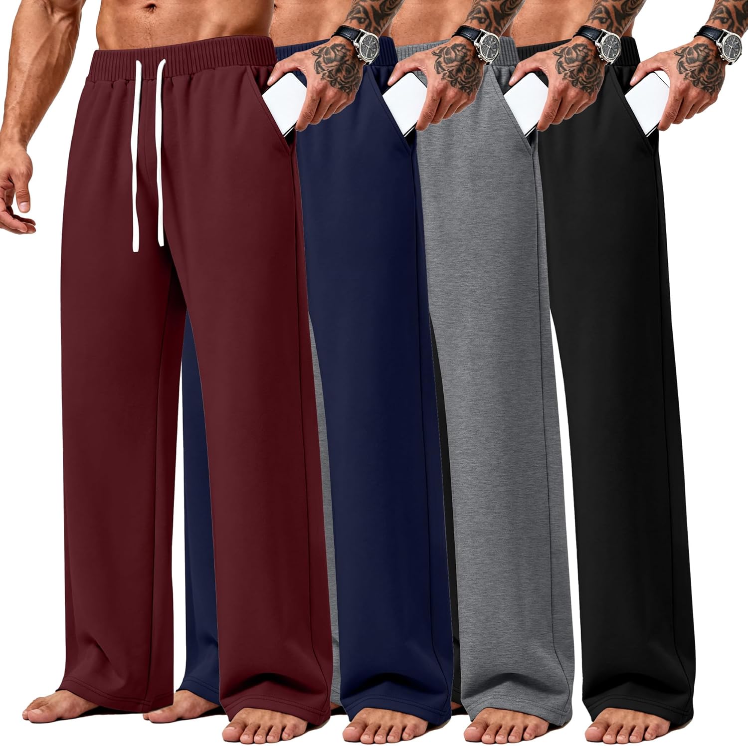 4 Pack Big and Tall Men's Sweatpants Open Bottom Joggers Elastic Waist Drawstring with Pockets Athletic Pants