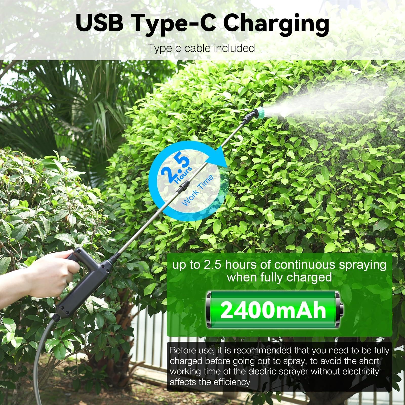 Pompa Irroratrice a Batteria 5Litri, 7.4V/2.4Ah Spruzzatore a Pressione Elettrico, Nebulizzatore Piante con 3 Ugelli Multifunzionale, Spruzzino Nebulizzatore Acqua Retrattile per Irrigazione