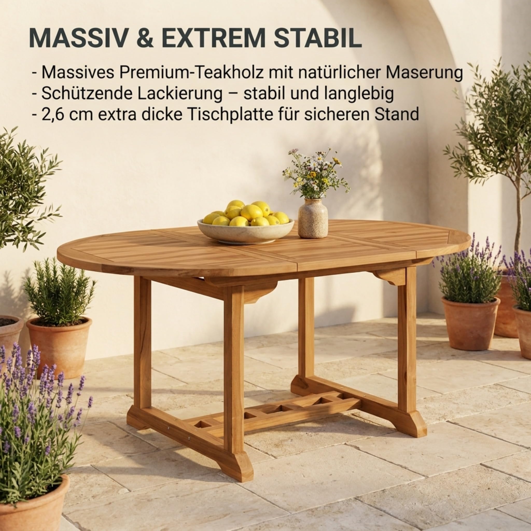 SAM Premium Gartentisch ausziehbar Borneo, runder Garten Tisch aus Teakholz 120-170 x 120 cm, oval ausziehbar, wetterfester Terrassentisch mit Schirmloch, Holztisch für Garten und Terrasse
