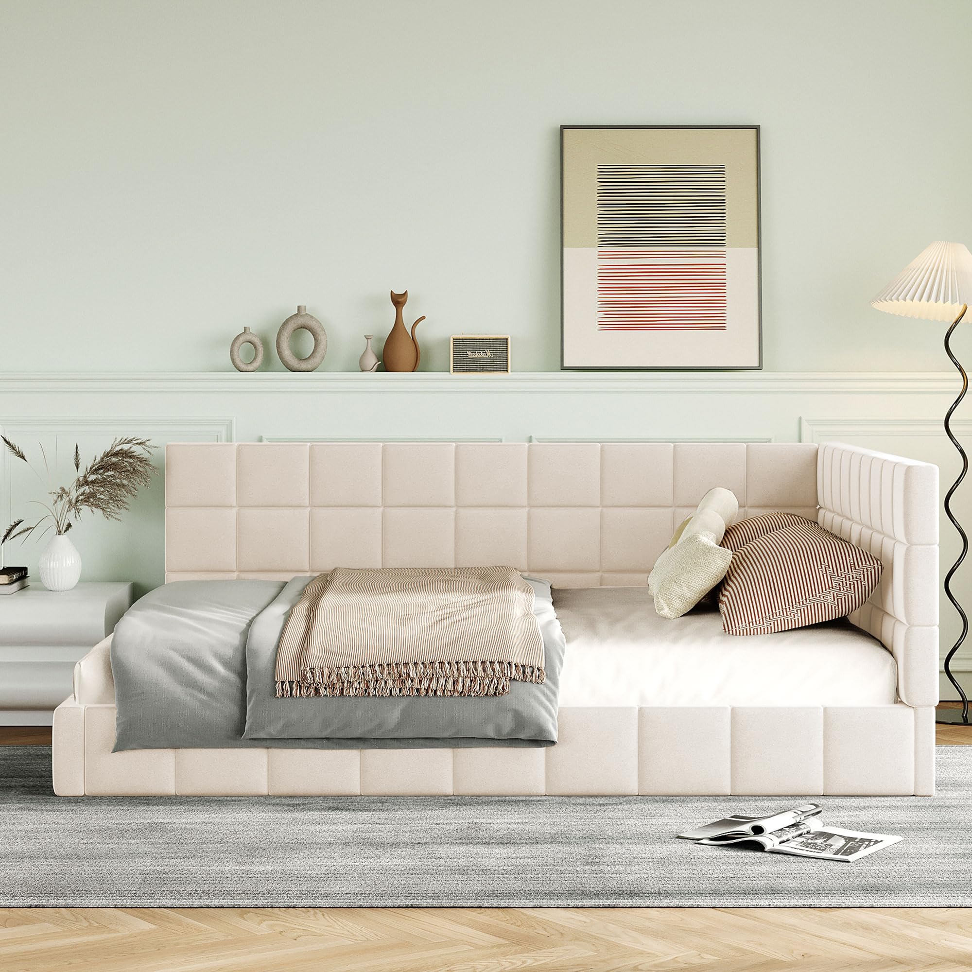 MSMOK Upholstered Bed, Sofa Bed, Multifunctional Bed with Slatted Frame, Skin-friendly, Velvet, 140 x 200 cm, Beige