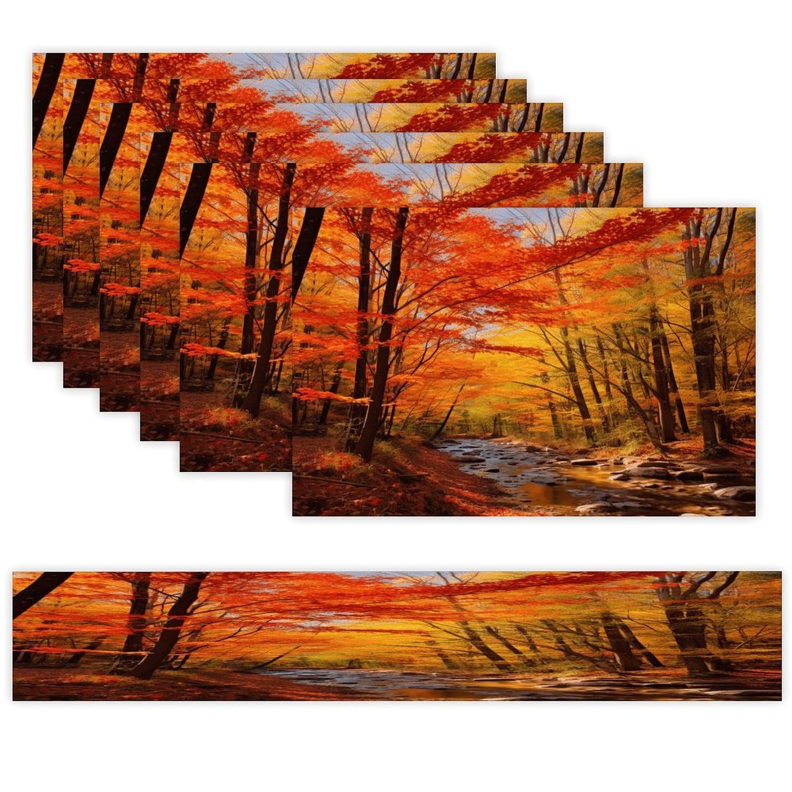 Fall Foliage Placemats Set of 7 Exquisite Linen Table Mat Seven Piece Set Includes 13"x71" Fashion Table Runner and 12"x18" Place Mat Decor for Kitchen Dining Room