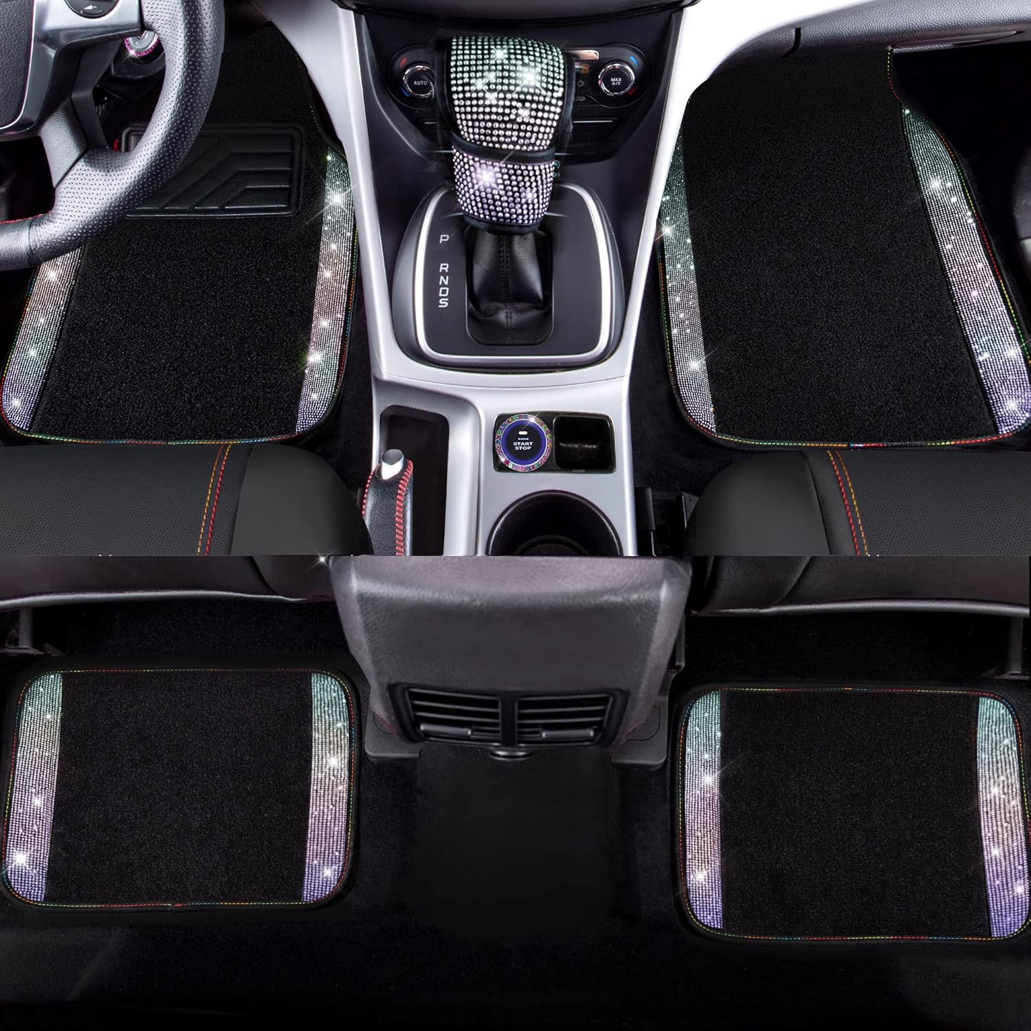CAR PASS 23 PCS Bling Diamond Car Accessories Set for Women, Leather Car Seat Covers Full Set Sparkly Rhinestone15'' Steering Wheel Covers Shining Diamond Floor Mats Car Interior Sets, Multicolor