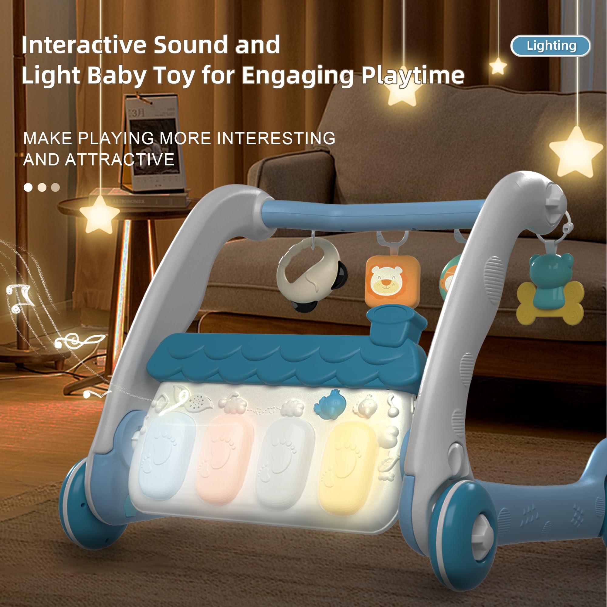 Gimnasio de actividades y centro de actividades 2 en 1 con tapete de juego de piano para bebés (Blue)