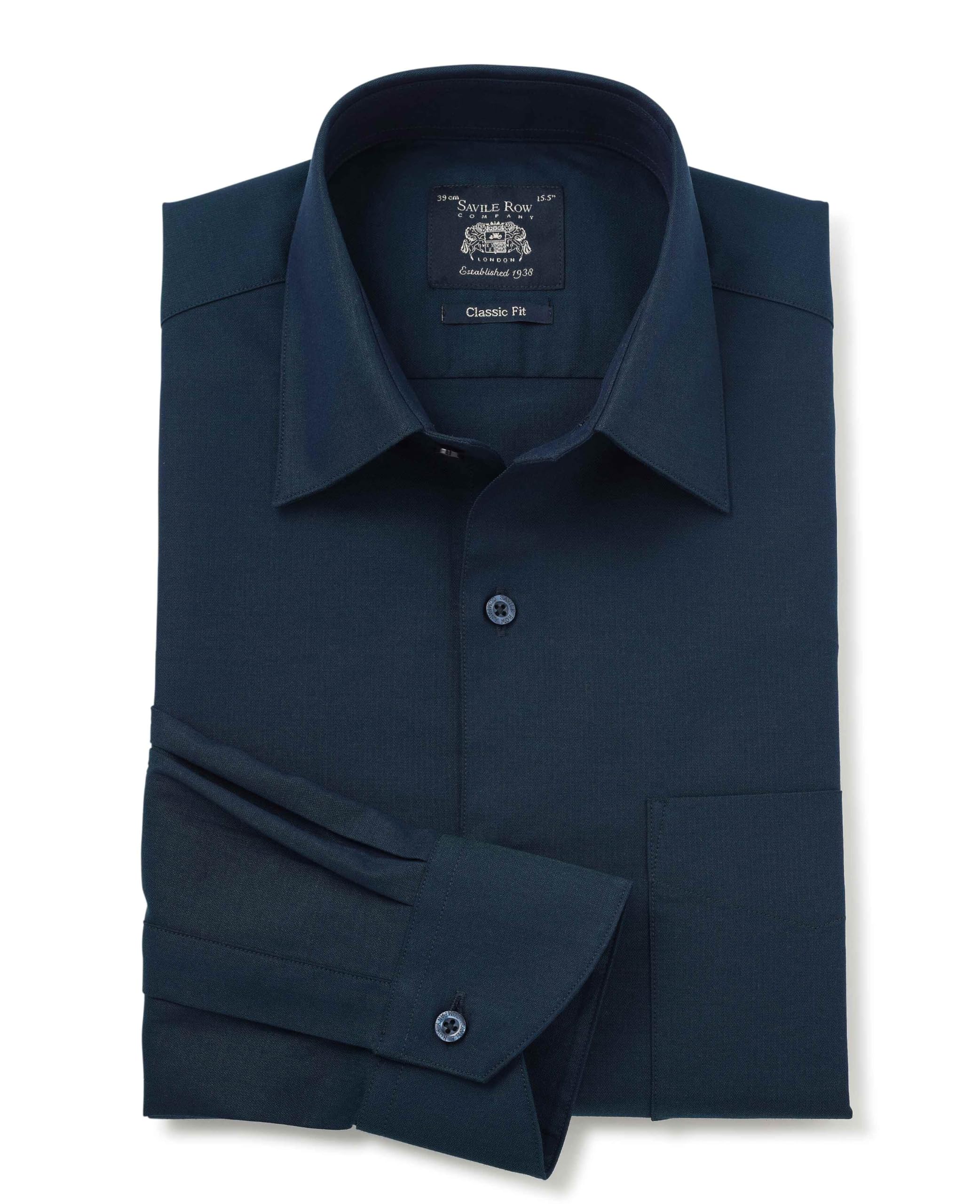 The Savile Row Company London Men's Navy Classic Fit Cotton Herringbone Formal Dress Shirt - Single Cuff - 19.5" Collar - Standard